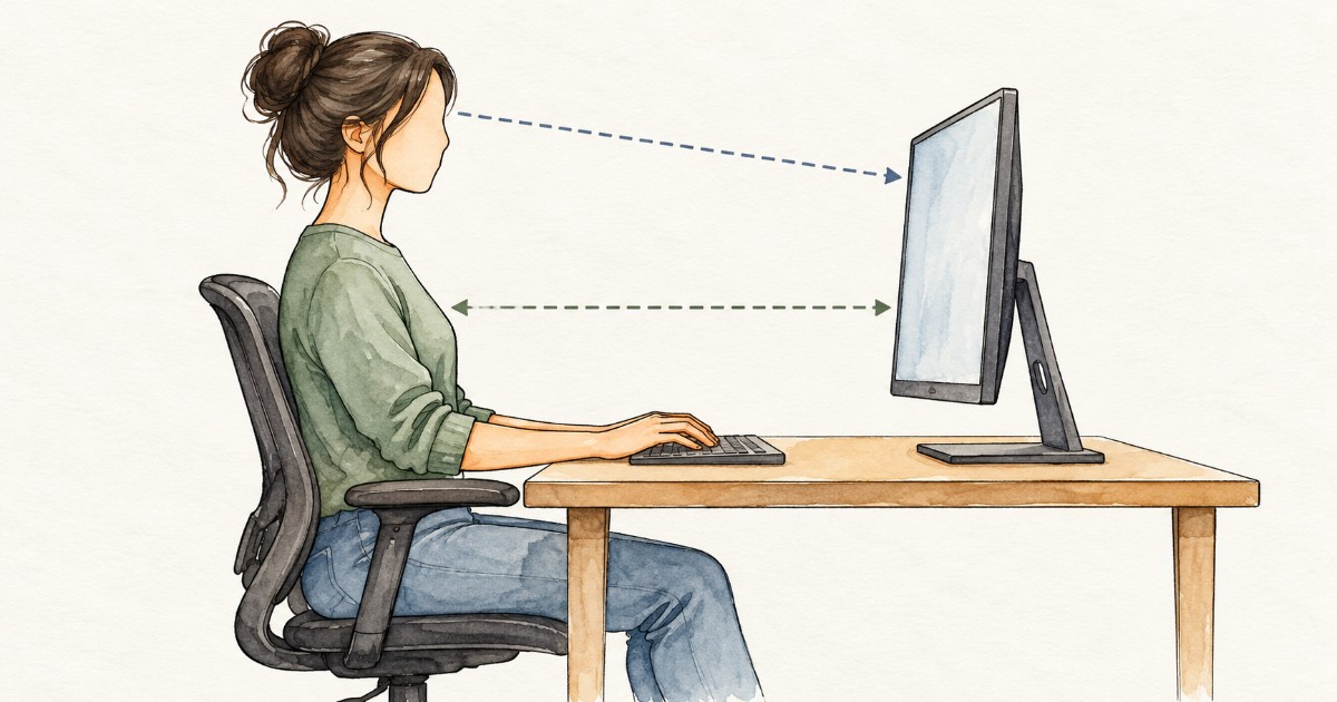 Postava bez obličeje sedí u stolu a hledí na monitor, přerušované čáry značí vzdálenost